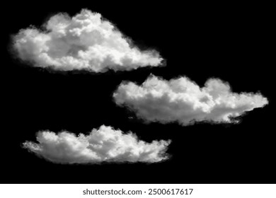 Renderizado 3D realista de nubes, humo, Formas translúcidas de nubes gruesas sobre fondo negro