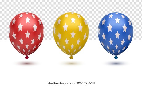 Realistic 3D Render Collorfull Balloon Vector Stock Illustration Isolated On Transparent Background. Glossy Shine Helium Balloon Red Yelloe Blue Star Pattern Color For Birthday Celebration Or Party.