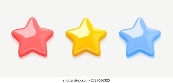 Realistic 3d render game achievements stars. Vector cartoon 3d colorful isolated icons set. Red, yellow, blue. High quality rating symbol, customer feedback sign. For web, apps, advert, game design.