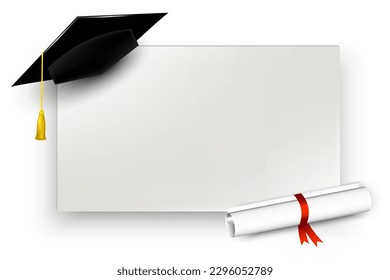 realistic 3d render of graduation cap and diploma. Education, degree ceremony concept. Vector illustration.