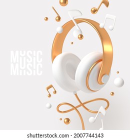 Realistic 3d render headphones with golden elements and musical notes. Vector illustration.