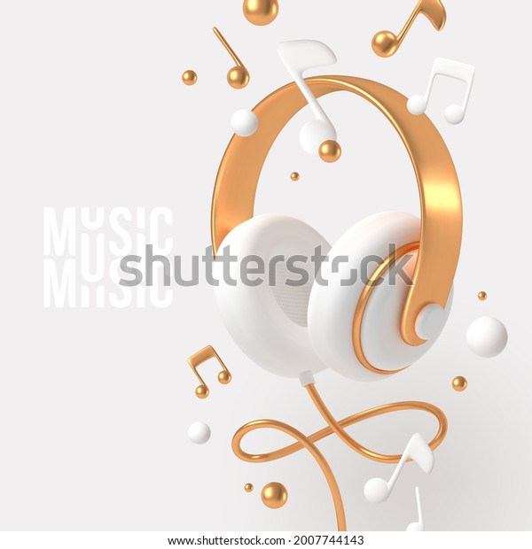 Realistic 3d render headphones with golden\
elements and musical notes. Vector\
illustration.