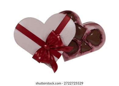 Ein realistisches 3D-Rendering einer herzförmigen Box, gefüllt mit verschiedenen Pralinen und gebunden mit einem Satinbogen. Perfektes Bild für Valentinstag-Werbung, Verpackungsdesign und süße Werbeaktionen.