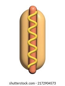 Realistic 3d render hot dog with mustard, vector illustration on white background. Fast food, menu, restaurant and food concept.
