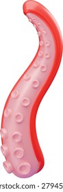 A realistic 3D render of a red sea mollusk tentacle with pink suction cups. Suitable for fantasy monsters, fresh seafood advertising, and educational materials on ocean biology. Vector. Icon.