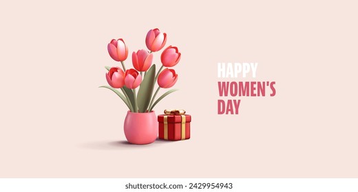 Realista 3d render primavera tulipanes ramo de flores para la mujer o el día de la madre tarjeta de felicitación