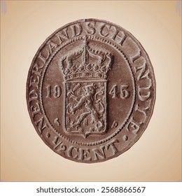 Realistic 3D Render Vector of Antique Nederlandsch-Indië Half a Cent Coin from 1945