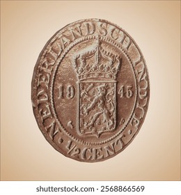 Realistic 3D Render Vector of Antique Nederlandsch-Indië Half a Cent Coin from 1945