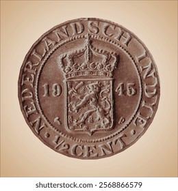 Realistic 3D Render Vector of Antique Nederlandsch-Indië Half a Cent Coin from 1945