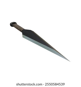 Ilustración vectorial realista del renderizado 3D del cuchillo de Kunai con la manija de madera en el fondo blanco