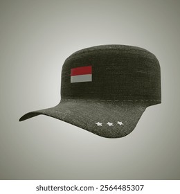 Realistic 3D Render Vector Illustration of Indonesian Army Commander Hat with Flag and Three Stars