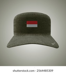 Realistic 3D Render Vector Illustration of Indonesian Army Commander Hat with Flag and Three Stars