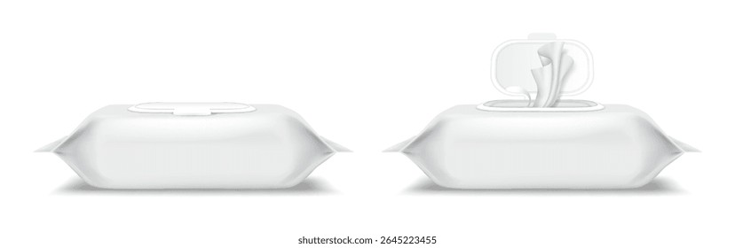 Renderização 3D realista da embalagem de toalhetes úmidos. Design minimalista em branco, isolado em um pano de fundo claro. Ideal para higiene pessoal ou materiais de marketing.