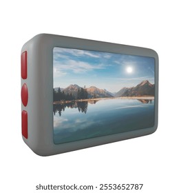 Realistic 3D Render of White and Red Action Camera on White Background