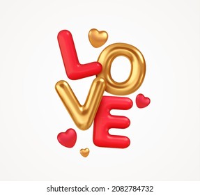 Realistic 3d render of the word Love isolated on a white background. Gold and red 3d rendering of the word Love. Vector illustration EPS10