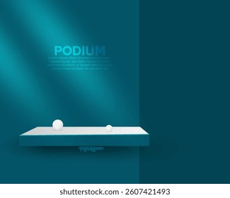 Realistic 3D rendered product podium design with shadow overlay on indoor background. Dark blue color product display mockup design template. Modern empty studio background design vector. 