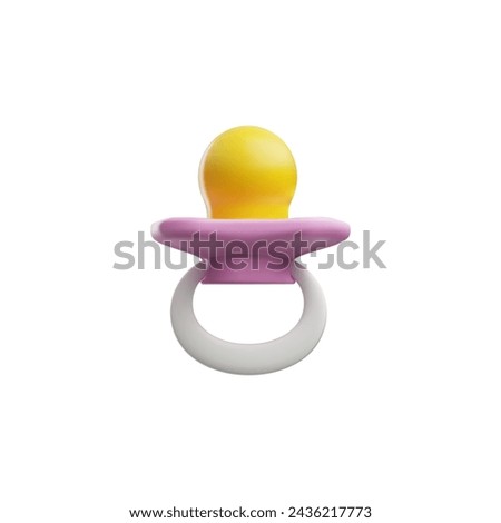 Realistic 3D rendering of baby care icons, including a pink pacifier with a yellow soft rubber pacifier, is presented on a minimalistic white background.