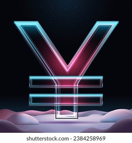 Realista 3D representando el signo de Jena y Yuan de vidrio grande. El dinero asiático canta con el resplandor de neón y relaja la vista. Ilustración de invierno vectorial futurista