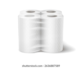 Realistic 3D rendering of a fourpack of toilet paper rolls in white packaging. The design emphasizes hygiene and convenience. Ideal for sanitation and household uses.