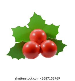 Realistic 3D rendering of holly with glossy red berries and green leaves. Isolated on a white background. Traditional Christmas and winter holiday symbol.
