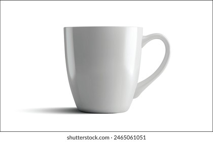 Realistic 3D rendering of a plain white ceramic coffee mug with a handle, isolated on white background. Ideal for branding mockups, promotional materials, or design presentations. Vector illustration