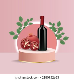 Realistic 3d rendering of podium, wine and pomegranate fruit