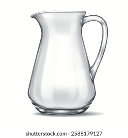 Realistic 3D rendering of a single transparent glass jug with a curved spout and smooth body. The delicate reflections and transparency highlight the beauty of the material.