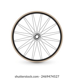 Realistic 3d retro bicycle wheel. Bike rubber tire, shiny metal spokes and rim. Fitness cycle, touring, sport, road and mountain bike. Vector illustration