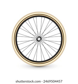 Realistic 3d retro bicycle wheel. Bike rubber tire, shiny metal spokes and rim. Fitness cycle, touring, sport, road and mountain bike. Vector illustration