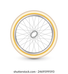 Realistic 3d retro bicycle wheel. Bike rubber tire, shiny metal spokes and rim. Fitness cycle, touring, sport, road and mountain bike. Vector illustration