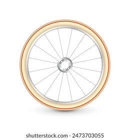 Realistic 3d retro bicycle wheel. Bike rubber tire, shiny metal spokes and rim. Fitness cycle, touring, sport, road and mountain bike. Vector illustration