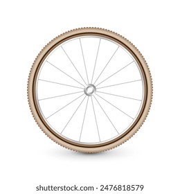 Realistic 3d retro bicycle wheel. Bike rubber tire, shiny metal spokes and rim. Fitness cycle, touring, sport, road and mountain bike. Vector illustration