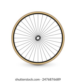 Realistic 3d retro bicycle wheel. Bike rubber tire, shiny metal spokes and rim. Fitness cycle, touring, sport, road and mountain bike. Vector illustration