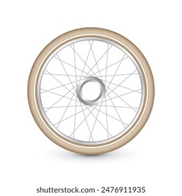 Realistic 3d retro bicycle wheel. Bike rubber tire, shiny metal spokes and rim. Fitness cycle, touring, sport, road and mountain bike. Vector illustration