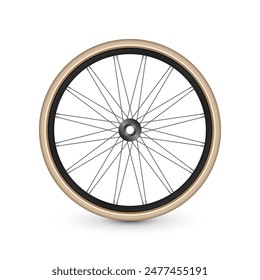 Realistic 3d retro bicycle wheel. Bike rubber tire, shiny metal spokes and rim. Fitness cycle, touring, sport, road and mountain bike. Vector illustration