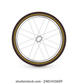 Realistic 3d retro bicycle wheel. Bike rubber tire, shiny metal spokes and rim. Fitness cycle, touring, sport, road and mountain bike. Vector illustration