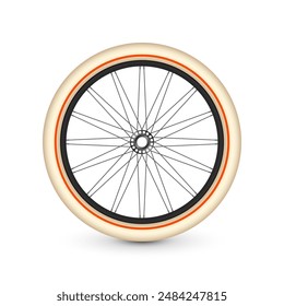 Realistic 3d retro bicycle wheel. Bike rubber tire, shiny metal spokes and rim. Fitness cycle, touring, sport, road and mountain bike. Vector illustration