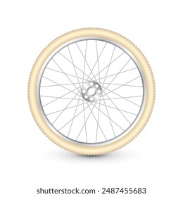 Realistic 3d retro bicycle wheel. Bike rubber tire, shiny metal spokes and rim. Fitness cycle, touring, sport, road and mountain bike. Vector illustration