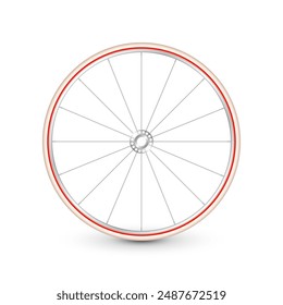 Realistic 3d retro bicycle wheel. Bike rubber tire, shiny metal spokes and rim. Fitness cycle, touring, sport, road and mountain bike. Vector illustration