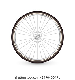 Realistic 3d retro bicycle wheel. Bike rubber tire, shiny metal spokes and rim. Fitness cycle, touring, sport, road and mountain bike. Vector illustration