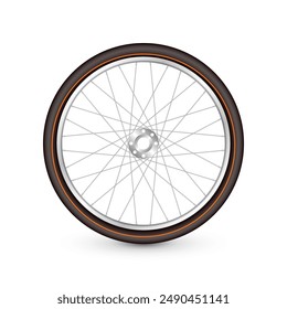 Realistic 3d retro bicycle wheel. Bike rubber tire, shiny metal spokes and rim. Fitness cycle, touring, sport, road and mountain bike. Vector illustration