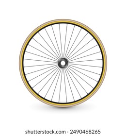 Realistic 3d retro bicycle wheel. Bike rubber tire, shiny metal spokes and rim. Fitness cycle, touring, sport, road and mountain bike. Vector illustration