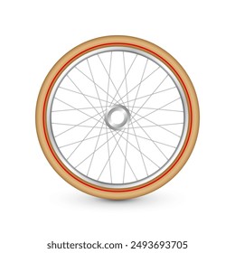 Realistic 3d retro bicycle wheel. Bike rubber tire, shiny metal spokes and rim. Fitness cycle, touring, sport, road and mountain bike. Vector illustration