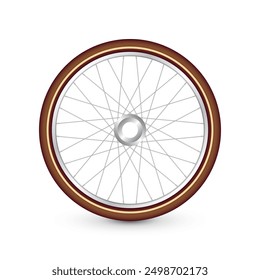 Realistic 3d retro bicycle wheel. Bike rubber tire, shiny metal spokes and rim. Fitness cycle, touring, sport, road and mountain bike. Vector illustration