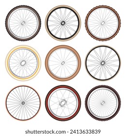 Realistic 3d retro bicycle wheels. Vintage bike rubber tyres, shiny metal spokes and rims. Fitness cycle, touring, sport, road and mountain bike. Vector illustration