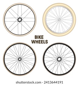 Realistic 3d retro bicycle wheels. Vintage bike rubber tyres, shiny metal spokes and rims. Fitness cycle, touring, sport, road and mountain bike. Vector illustration