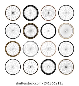 Realistic 3d retro bicycle wheels. Vintage bike rubber tyres, shiny metal spokes and rims. Fitness cycle, touring, sport, road and mountain bike. Vector illustration