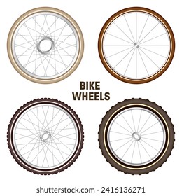 Realistic 3d retro bicycle wheels. Vintage bike rubber tyres, shiny metal spokes and rims. Fitness cycle, touring, sport, road and mountain bike. Vector illustration