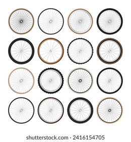 Realistic 3d retro bicycle wheels. Vintage bike rubber tyres, shiny metal spokes and rims. Fitness cycle, touring, sport, road and mountain bike. Vector illustration