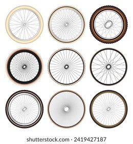 Realistic 3d retro bicycle wheels. Vintage bike rubber tyres, shiny metal spokes and rims. Fitness cycle, touring, sport, road and mountain bike. Vector illustration